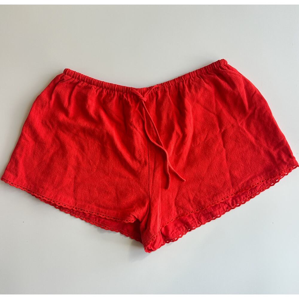 ROSEBULLET Red Linen Blend Lounge Shorts Eyelet Trim Elastic Waist